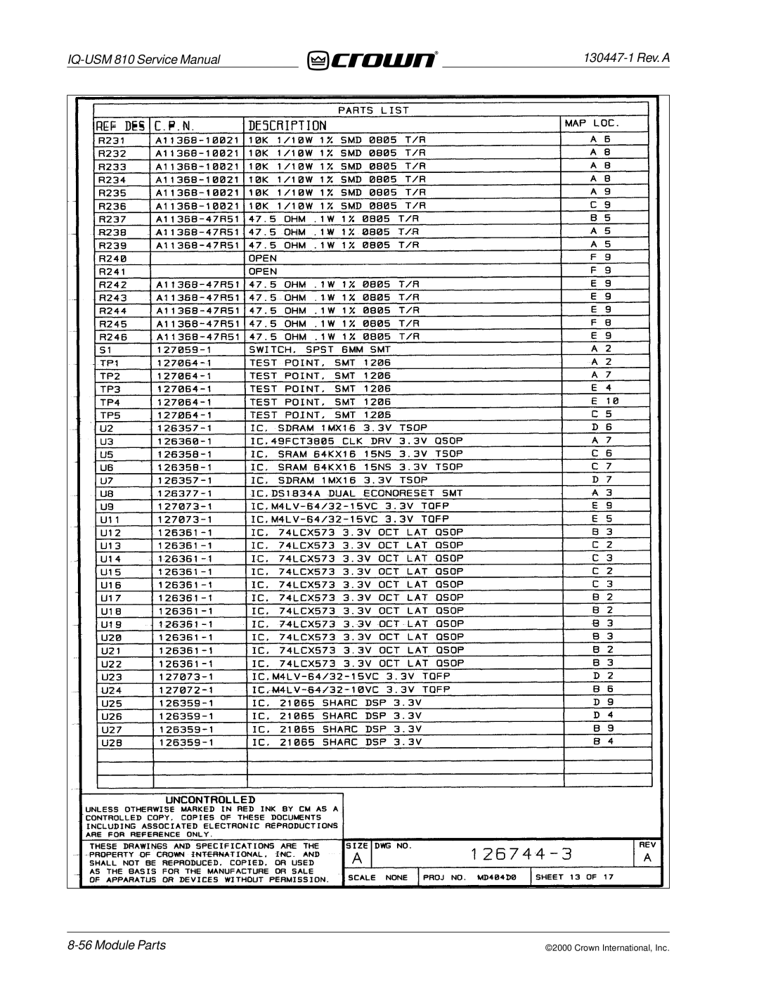 Crown Audio IQ-USM 810 service manual Module Parts 