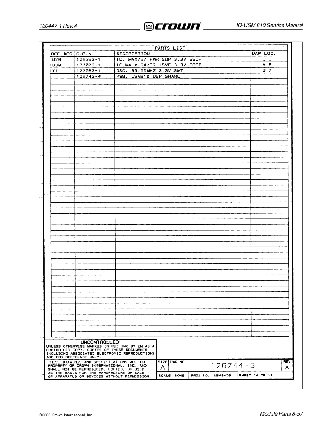 Crown Audio IQ-USM 810 service manual 130447-1 Rev. a 