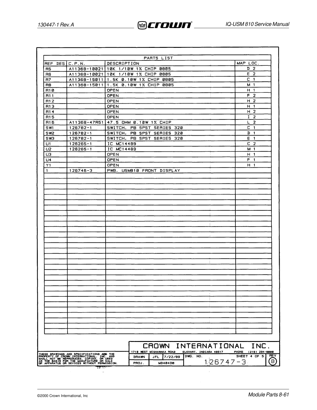 Crown Audio IQ-USM 810 service manual 130447-1 Rev. a 