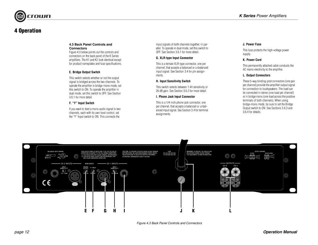 Crown Audio K Series Back Panel Controls Connectors, Bridge Output Switch, Input Switch, XLR-type Input Connector 