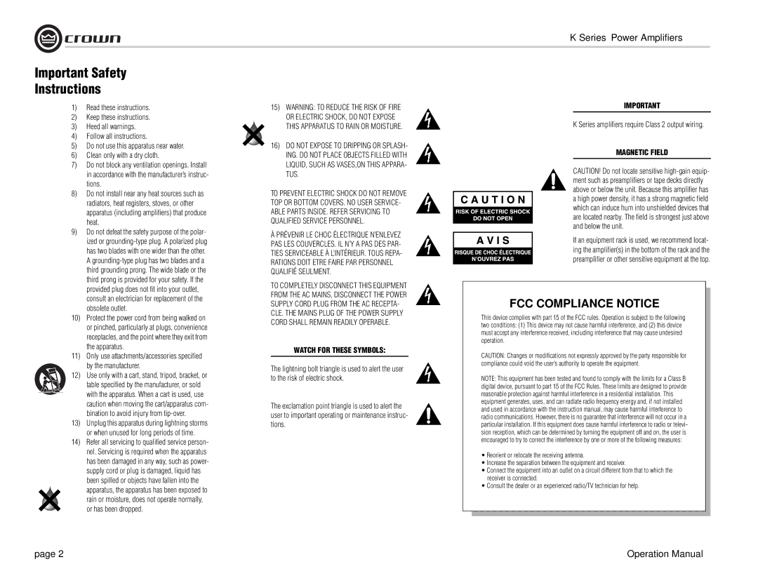 Crown Audio K Series operation manual Important Safety Instructions, Watch for These Symbols 