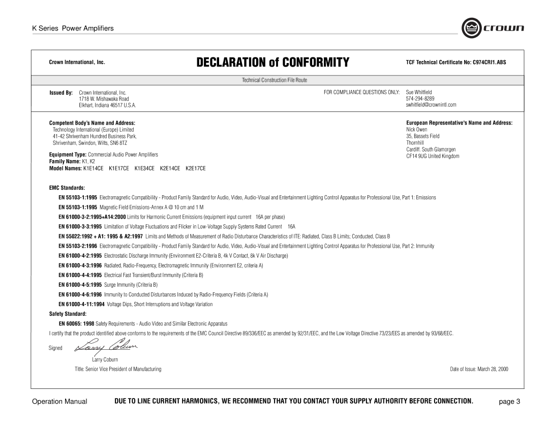 Crown Audio K Series Crown International, Inc, TCF Technical Certificate No C974CRI1.ABS, Family Name K1, K2 