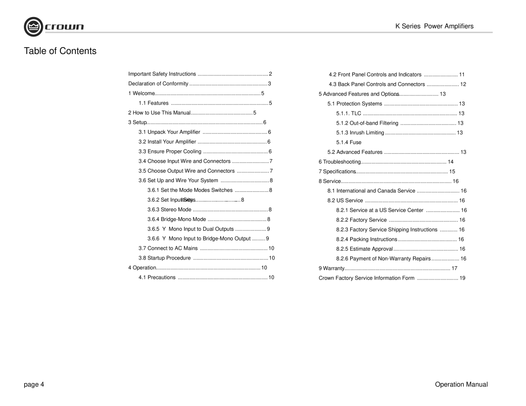 Crown Audio K Series operation manual Table of Contents 