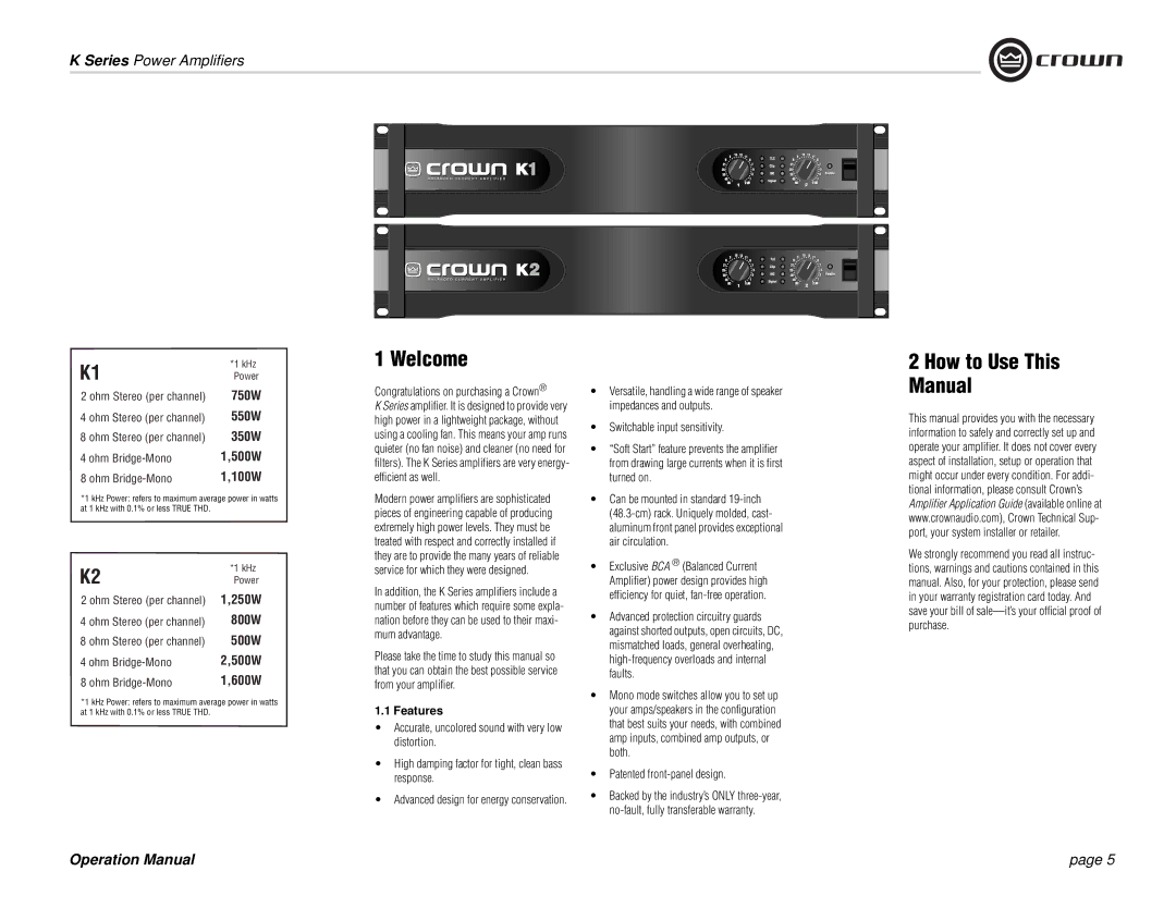 Crown Audio K Series operation manual Welcome, How to Use This Manual, Features 