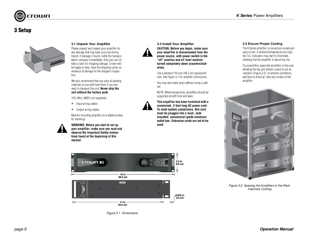 Crown Audio K Series operation manual Setup, Unpack Your Amplifier Install Your Amplifier 