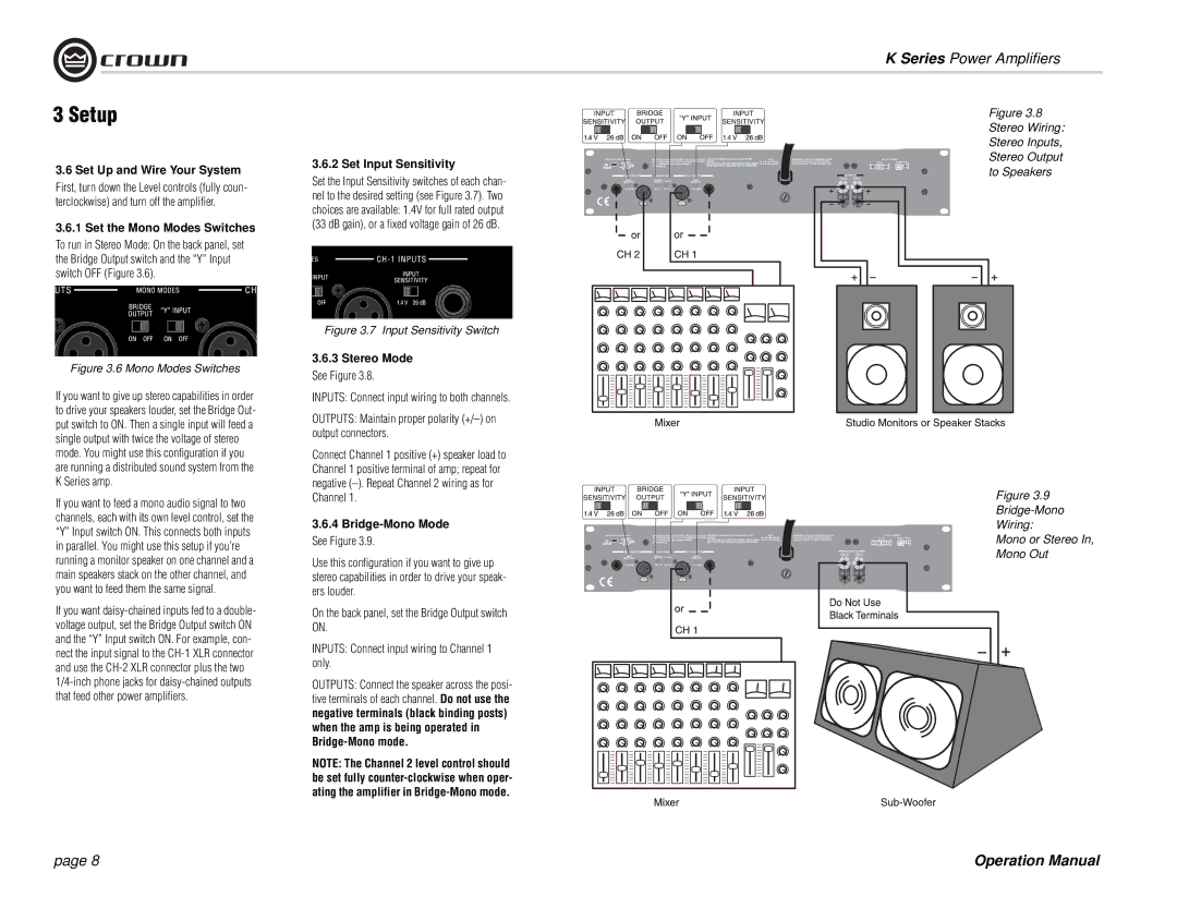 Crown Audio K Series operation manual Setup, Bridge-Mono Mode See Figure 