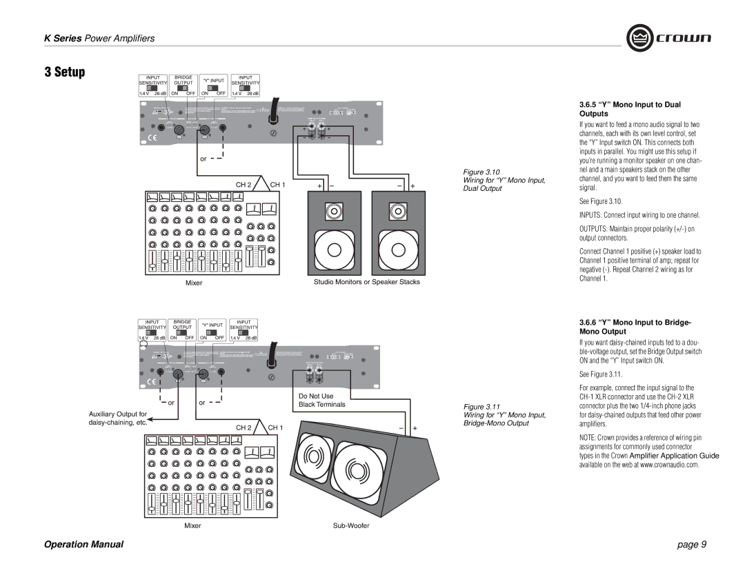 Crown Audio K Series operation manual Mono Input to Dual Outputs, Mono Input to Bridge- Mono Output, See Figure 