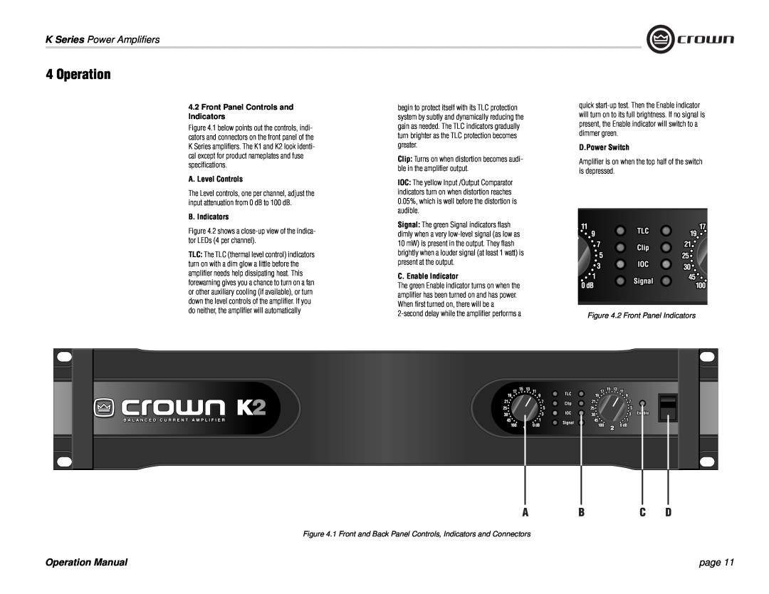 Crown Audio K Series Front Panel Controls and Indicators, A. Level Controls, B. Indicators, C. Enable Indicator, Operation 