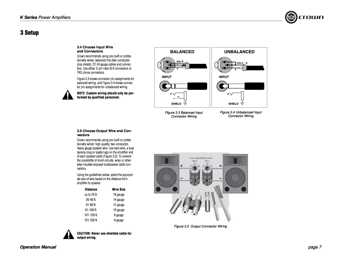 Crown Audio K Series Choose Input Wire and Connectors, 3.5Choose Output Wire and Con- nectors, Setup, page, Distance 