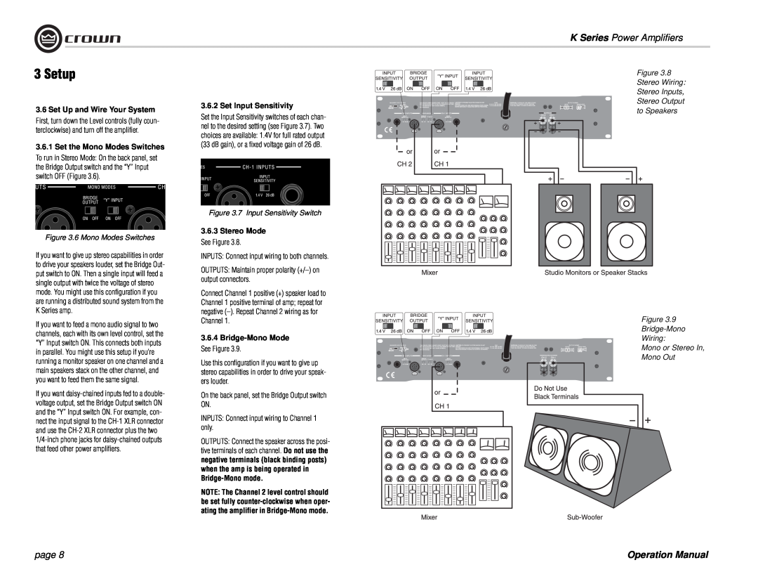 Crown Audio K Series Set Up and Wire Your System, Set Input Sensitivity, Set the Mono Modes Switches, Setup, page 
