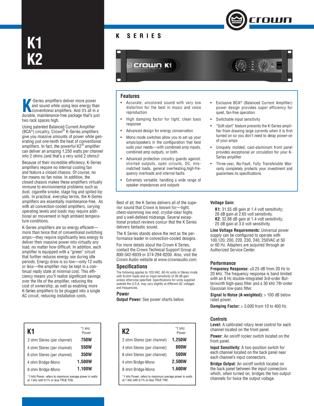 Crown Audio K1, K2 specifications Features, Speciﬁcations, Power, Performance, Controls 