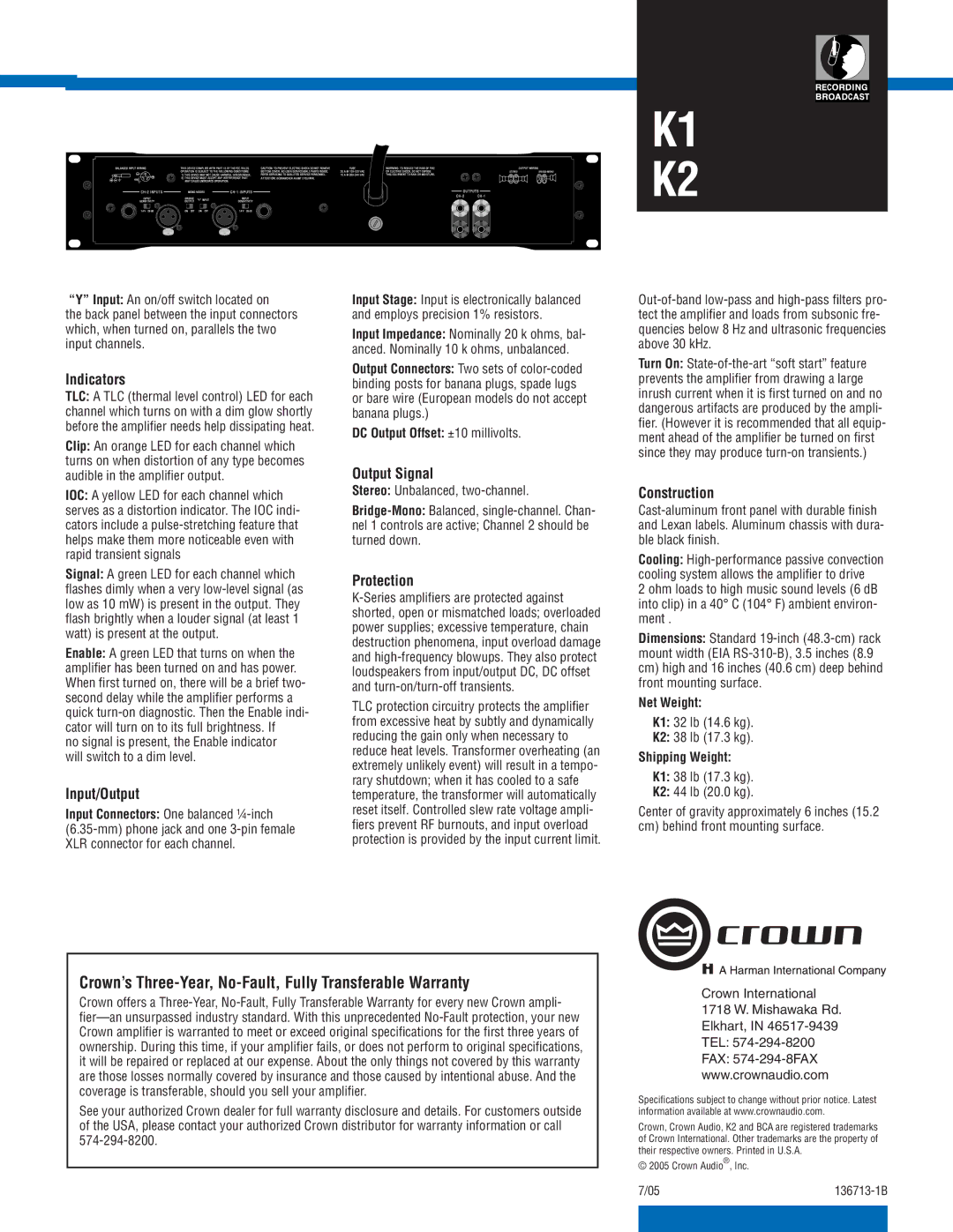 Crown Audio K2, K1 specifications Crown’s Three-Year, No-Fault, Fully Transferable Warranty 