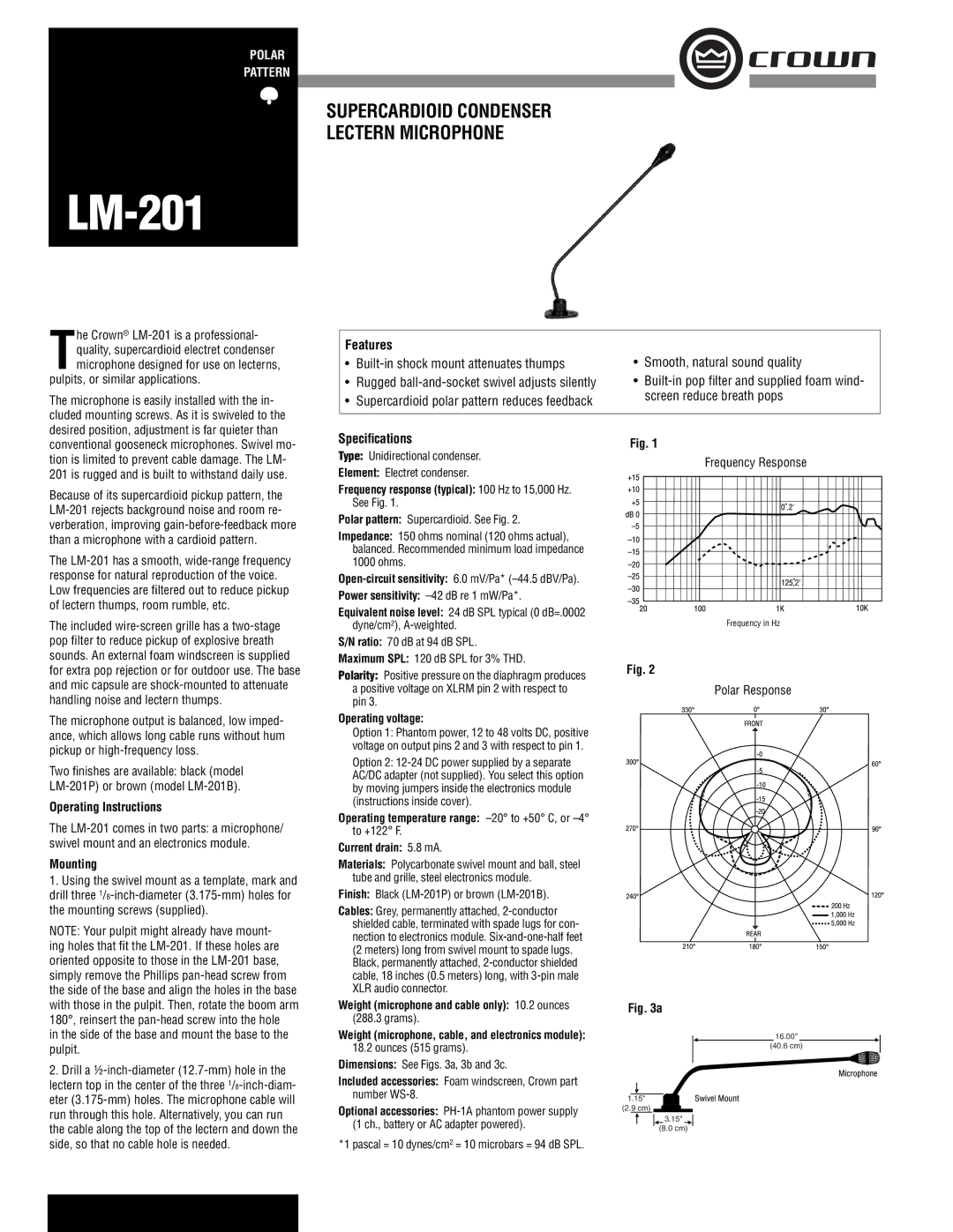 Crown Audio LM-201 specifications Features, Operating Instructions, Mounting, Speciﬁcations 