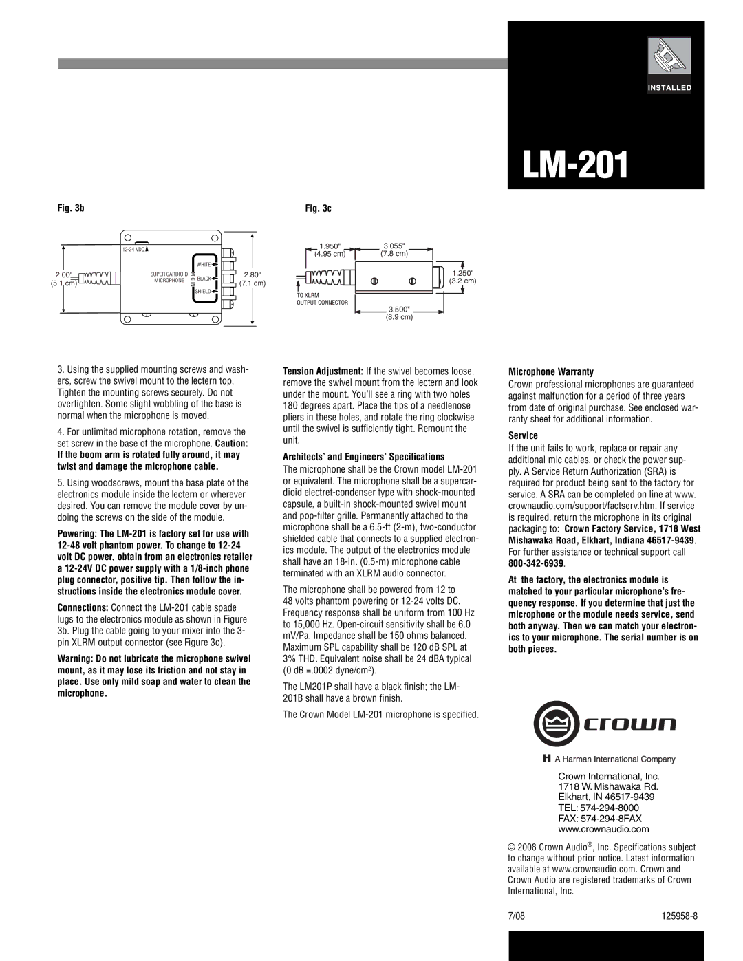 Crown Audio LM-201 Architects’ and Engineers’ Speciﬁcations, Microphone shall be powered from 12 to, Microphone Warranty 