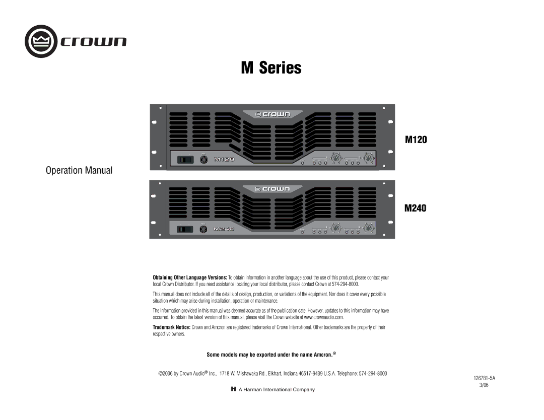 Crown Audio M Series operation manual M240, Some models may be exported under the name Amcron 