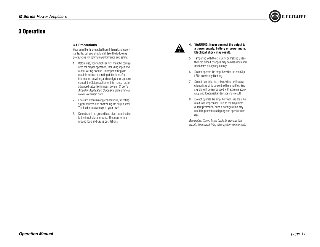 Crown Audio M Series operation manual Operation, Precautions 