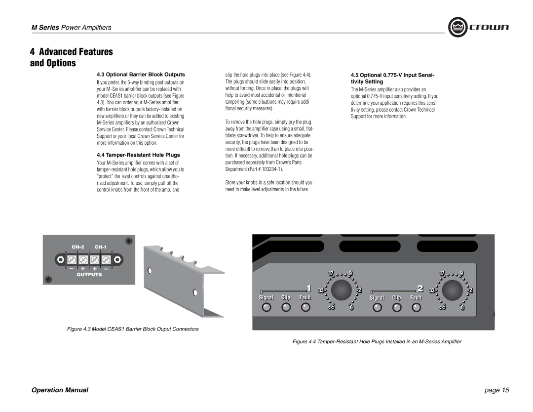 Crown Audio M Series operation manual Optional Barrier Block Outputs, Tamper-Resistant Hole Plugs 