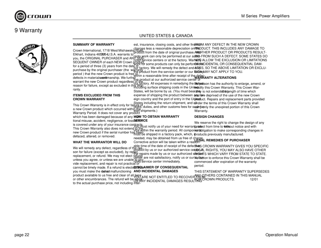 Crown Audio M Series operation manual Warranty, 12/01 