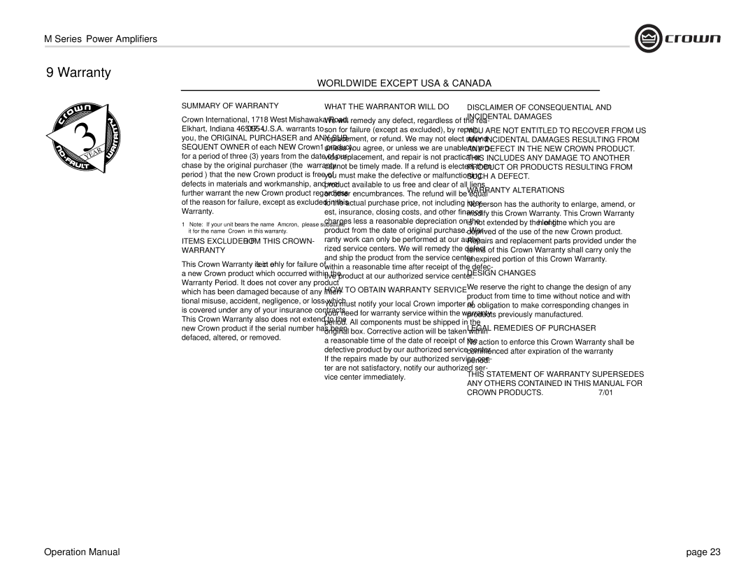 Crown Audio M Series operation manual Worldwide Except USA & Canada 