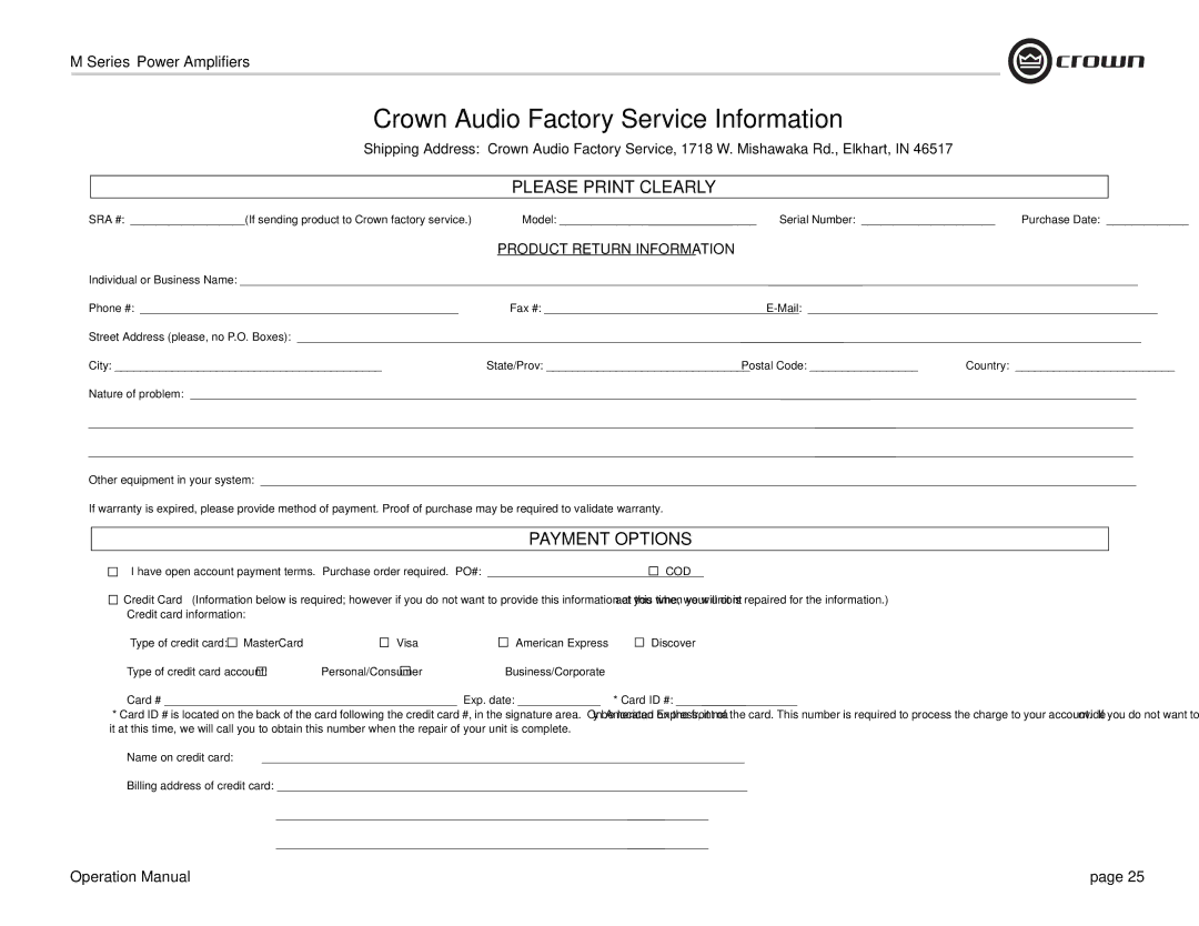 Crown Audio M Series operation manual Crown Audio Factory Service Information 