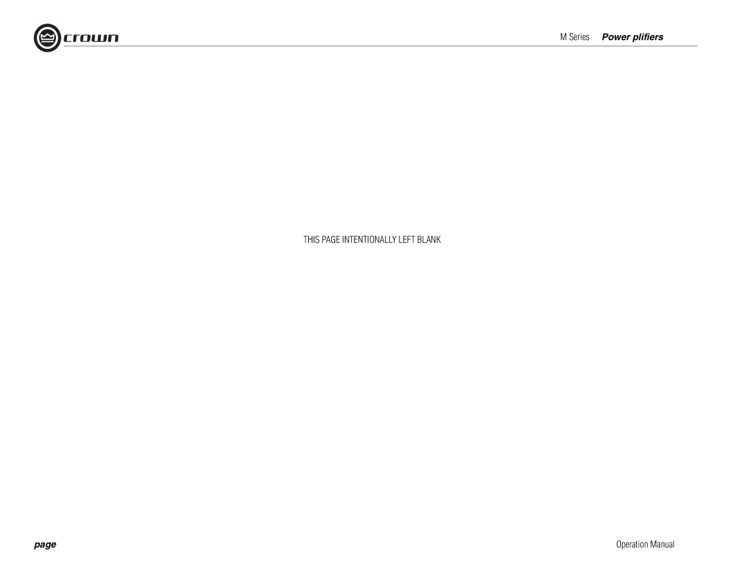 Crown Audio M Series operation manual Series Power Amplifiers 