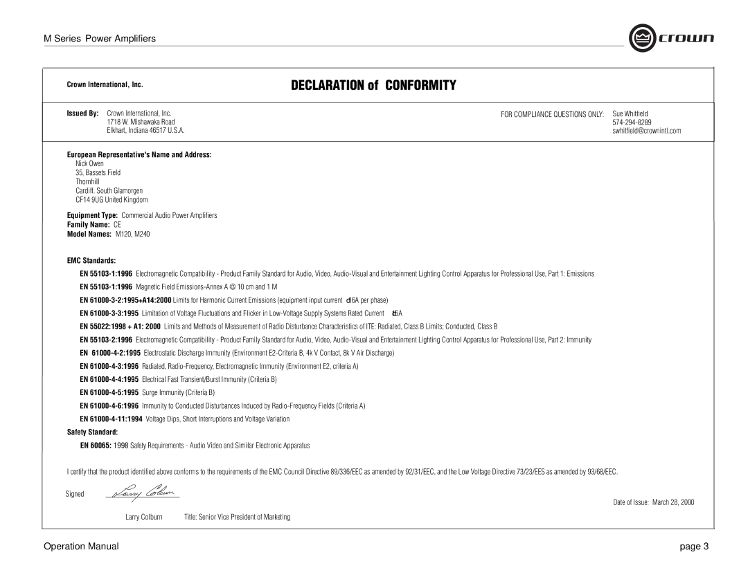 Crown Audio M Series Declaration of Conformity, Crown International, Inc, European Representatives Name and Address 