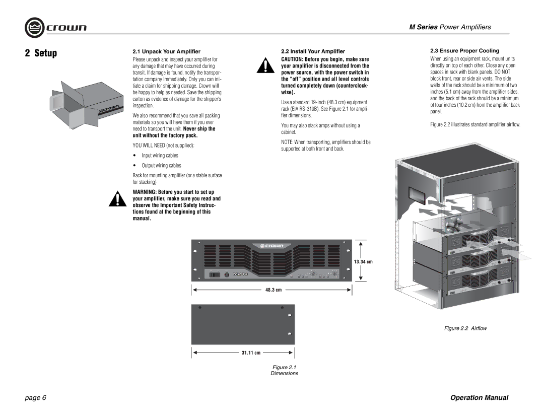 Crown Audio M Series operation manual Setup, Unpack Your Amplifier, Install Your Amplifier, Ensure Proper Cooling 