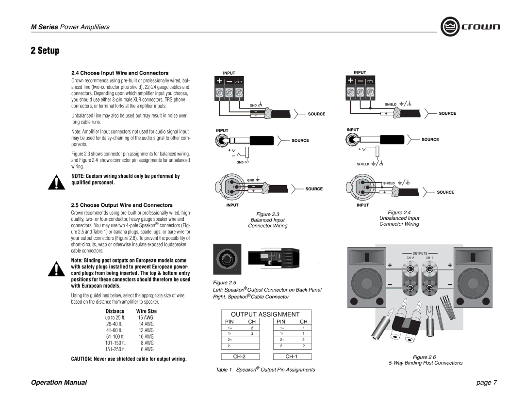 Crown Audio M Series operation manual Choose Input Wire and Connectors, Choose Output Wire and Connectors, Distance 