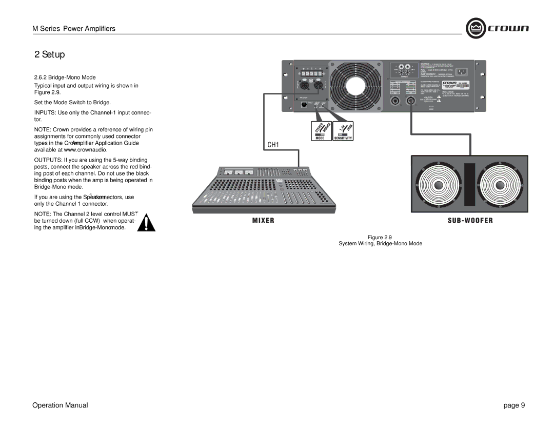 Crown Audio M Series Bridge-Mono Mode, Typical input and output wiring is shown, Set the Mode Switch to Bridge 