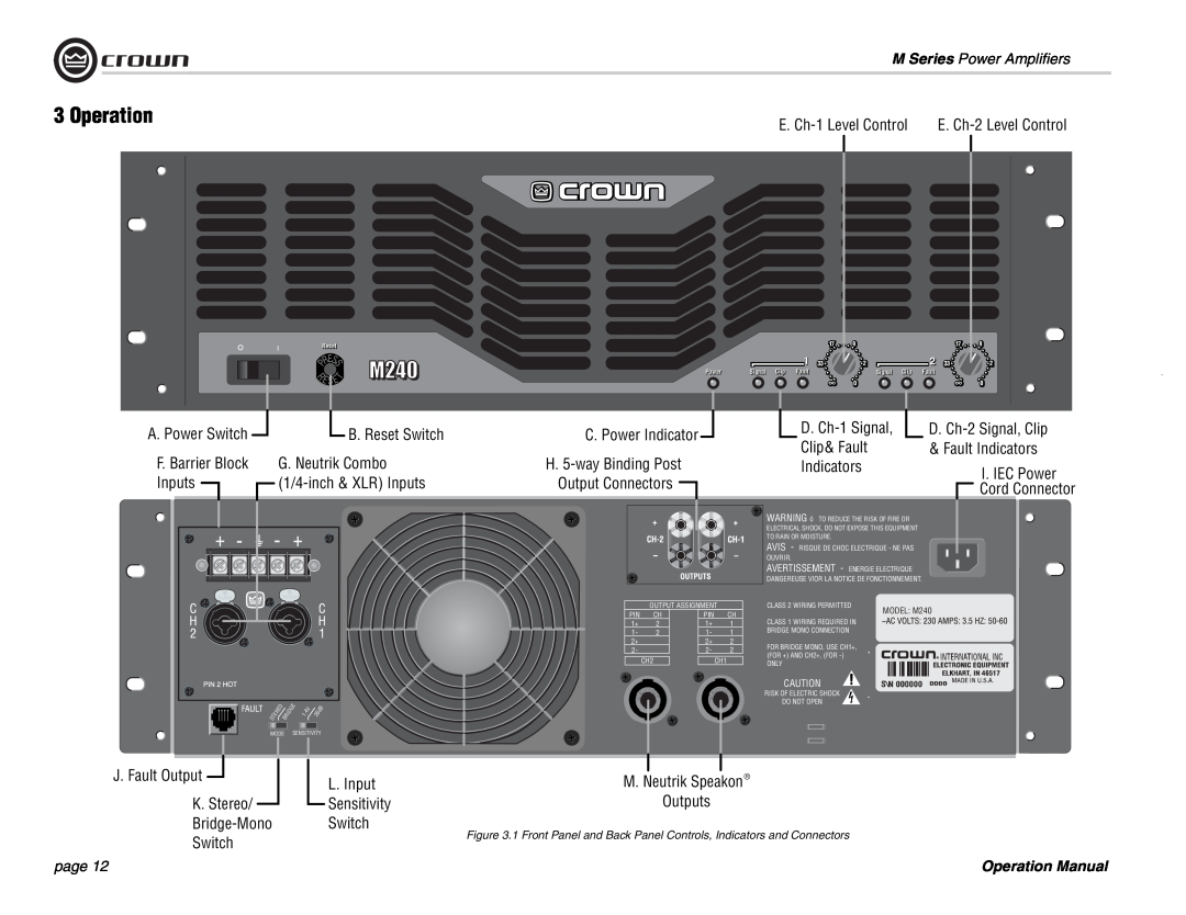 Crown Audio M Series operation manual Operation, E. Ch-1Level Control, L. Input, Sensitivity, Outputs, Switch 