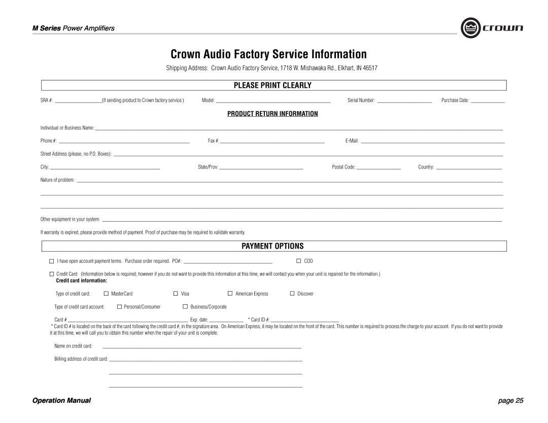Crown Audio M Series operation manual Crown Audio Factory Service Information, Please Print Clearly, Payment Options, page 