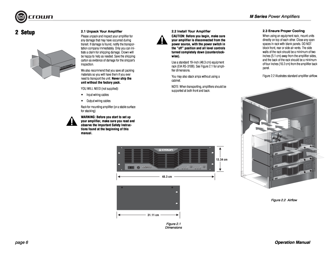 Crown Audio operation manual Setup, M Series Power Amplifiers, page, Unpack Your Amplifier, Install Your Amplifier 