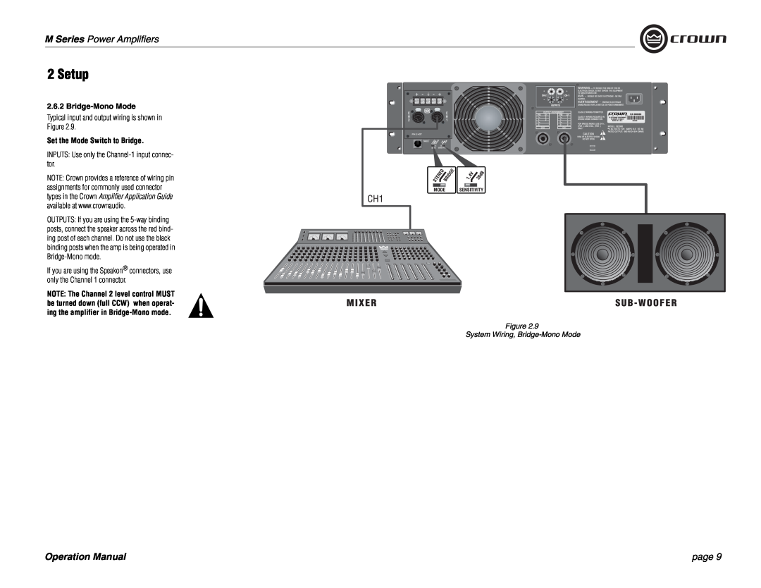 Crown Audio operation manual Setup, M Series Power Amplifiers, page, Bridge-MonoMode, Set the Mode Switch to Bridge 
