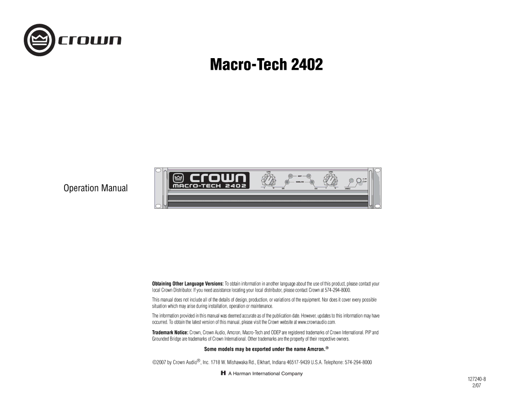 Crown Audio MA-2402 operation manual Macro-Tech, Some models may be exported under the name Amcron 