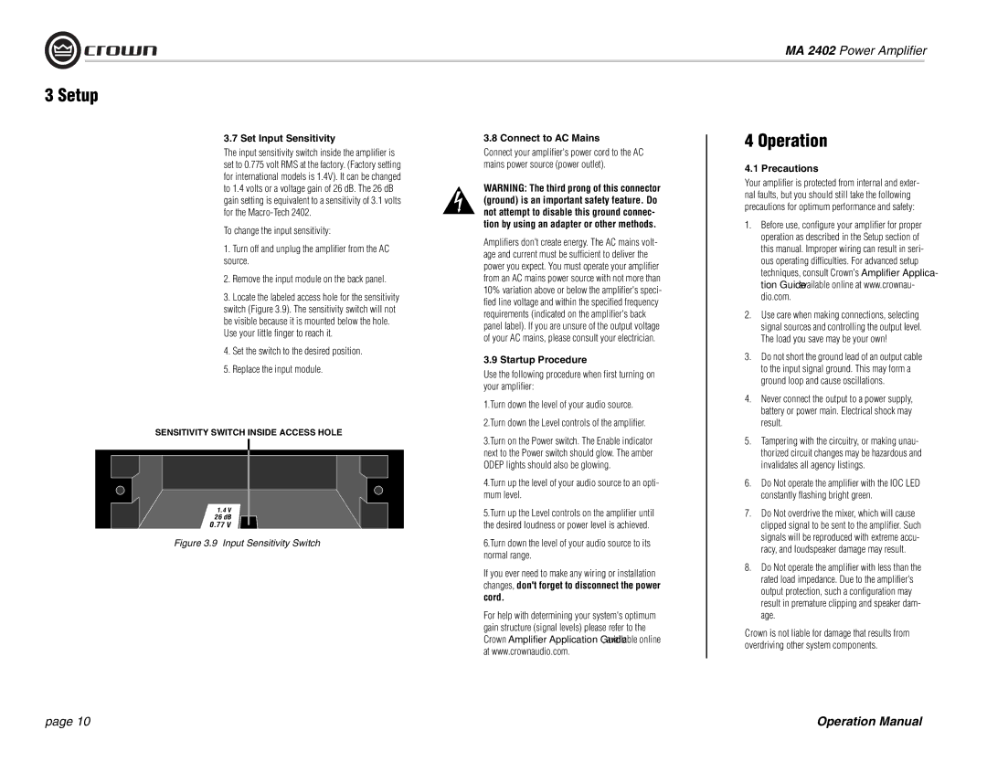 Crown Audio MA-2402 operation manual Operation, Set Input Sensitivity, Connect to AC Mains, Startup Procedure, Precautions 