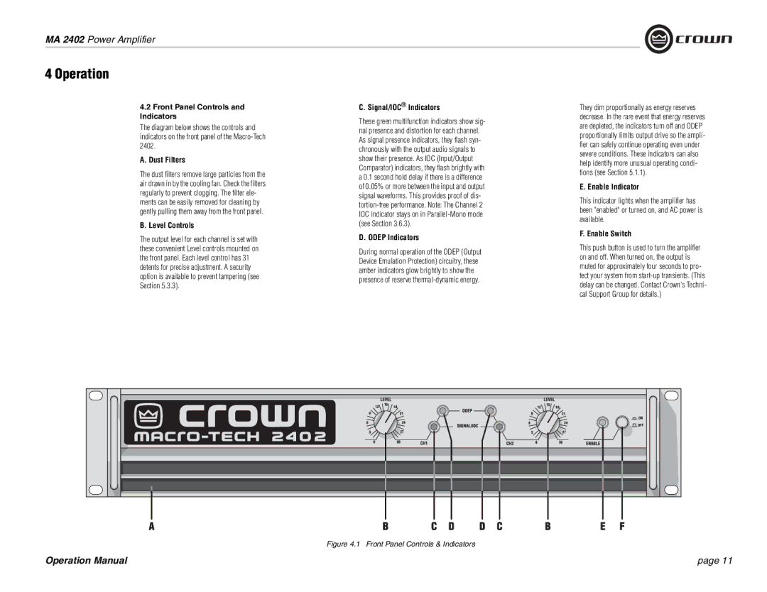 Crown Audio MA-2402 Front Panel Controls and Indicators, Dust Filters, Level Controls, Signal/IOC Indicators 