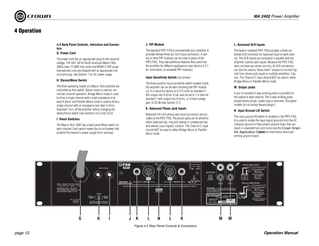 Crown Audio MA-2402 Back Panel Controls, Indicators and Connec Tors Power Cord, Stereo/Mono Switch, Reset Switches 