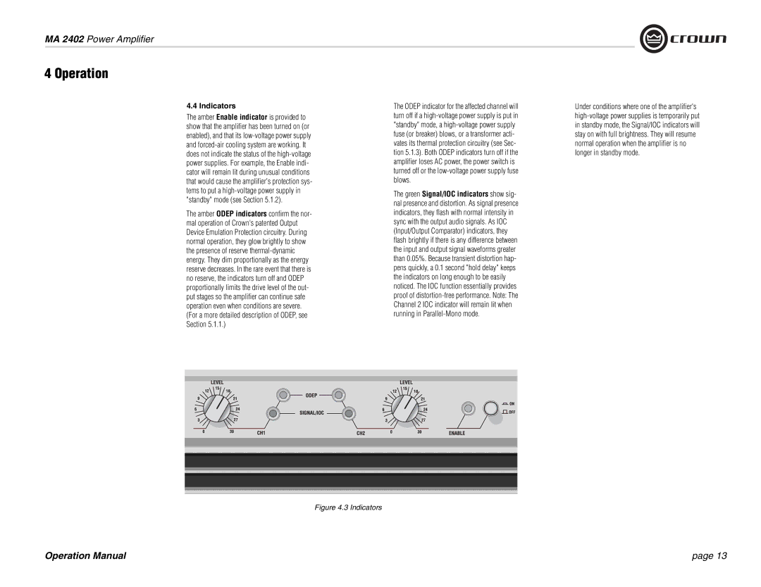 Crown Audio MA-2402 operation manual Indicators 