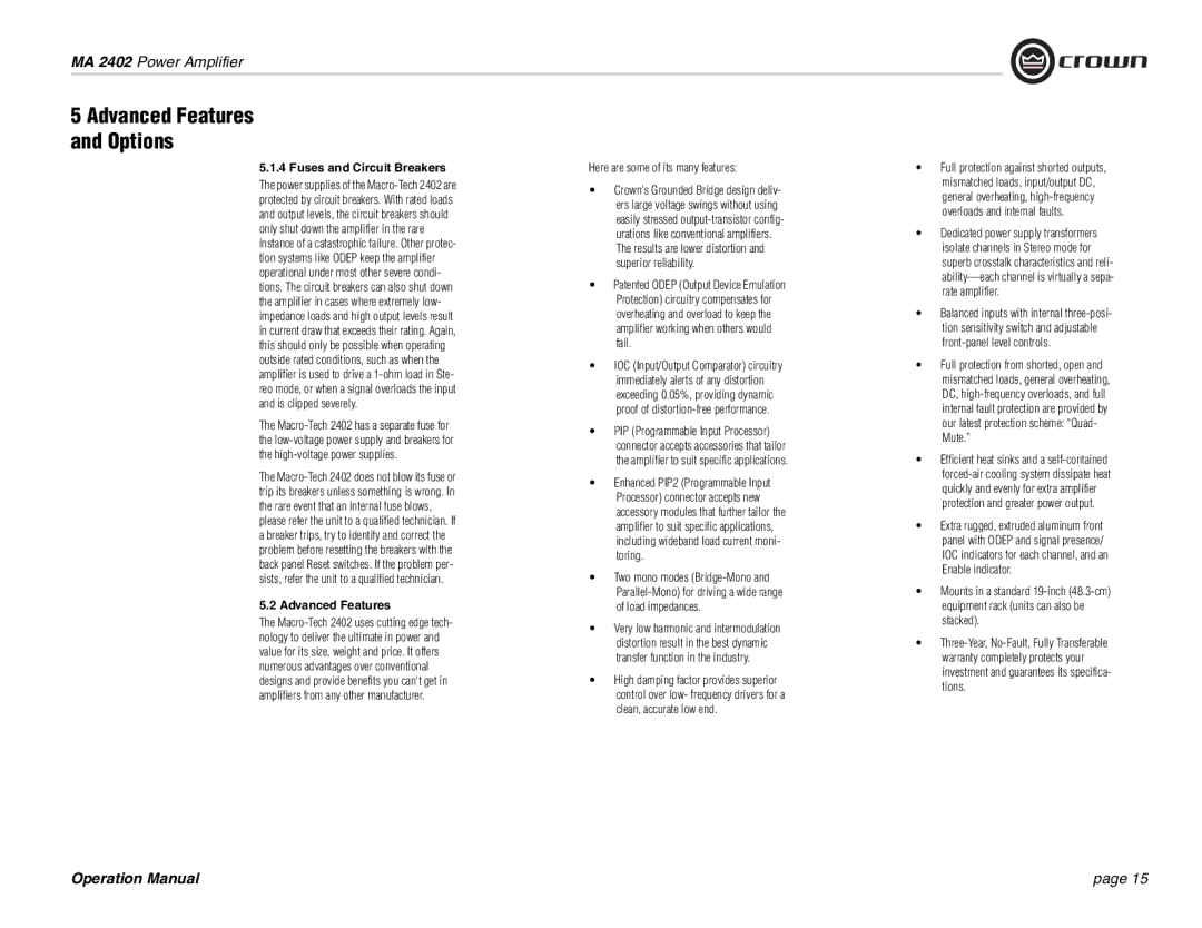 Crown Audio MA-2402 operation manual Fuses and Circuit Breakers, Advanced Features, Here are some of its many features 