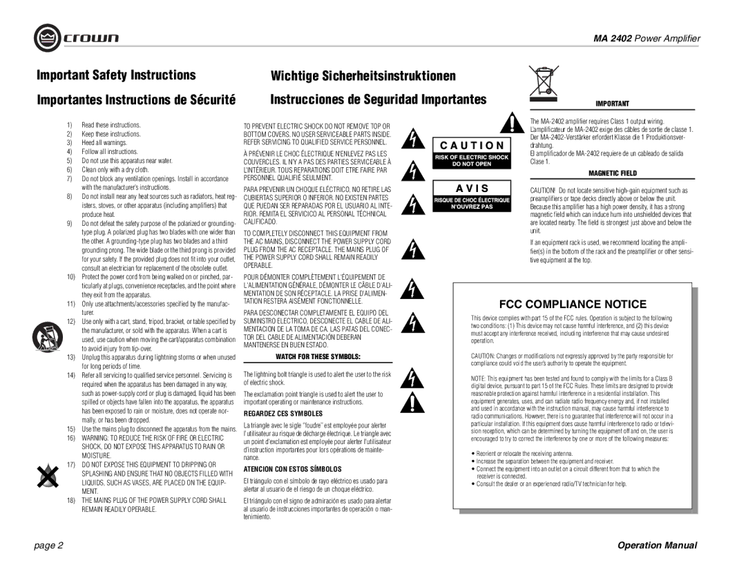 Crown Audio MA-2402 operation manual Important Safety Instructions, Importantes Instructions de Sécurité 