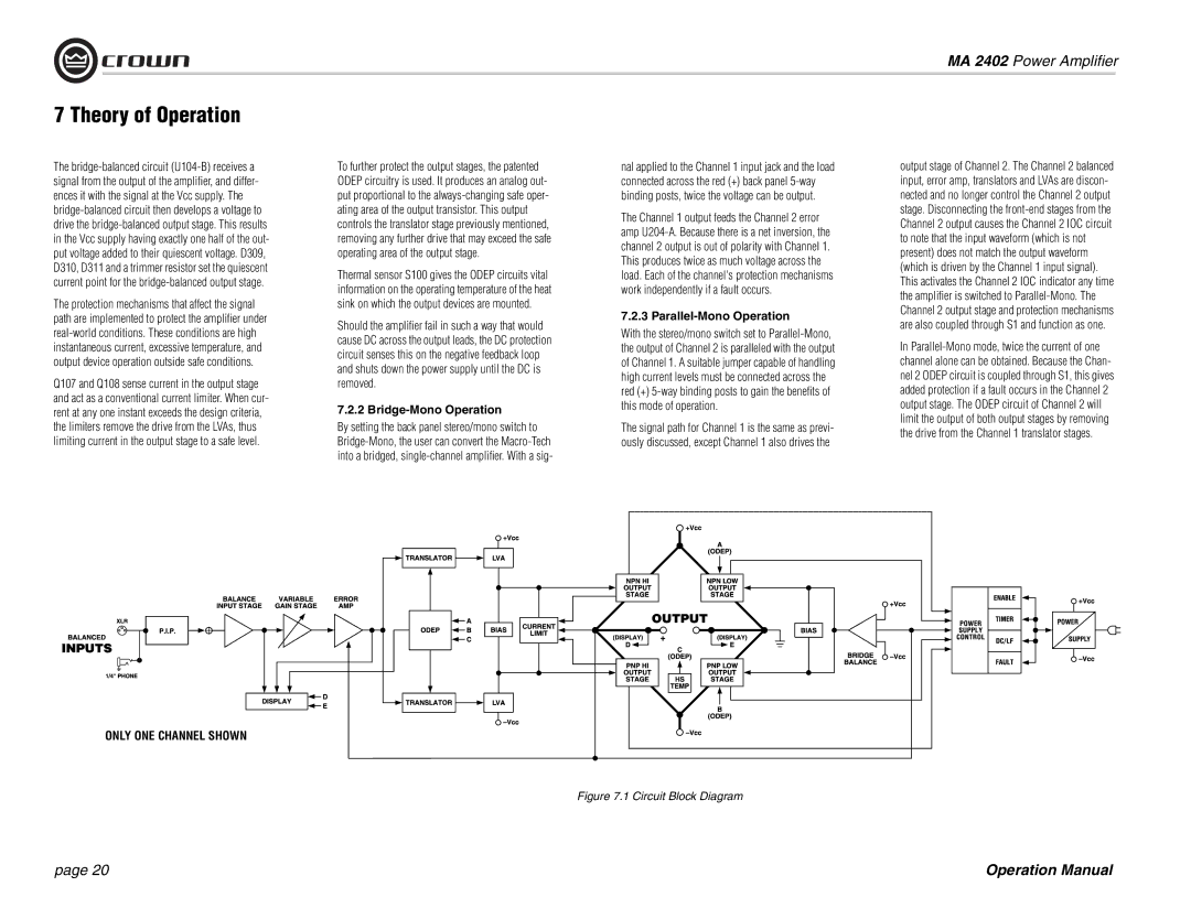 Crown Audio MA-2402 operation manual Bridge-Mono Operation, Parallel-Mono Operation 