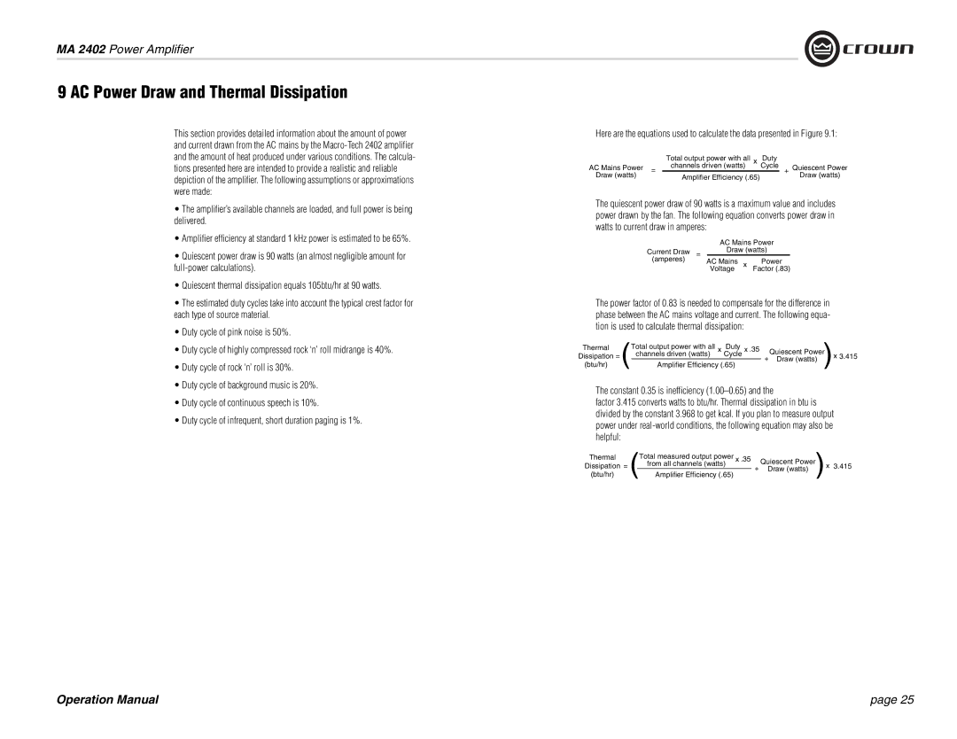 Crown Audio MA-2402 operation manual AC Power Draw and Thermal Dissipation, Constant 0.35 is inefficiency 1.00-0.65 