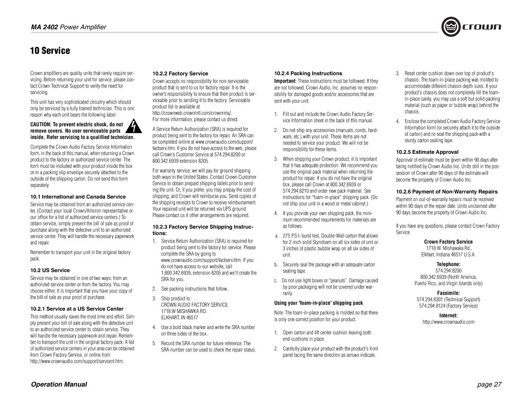 Crown Audio MA-2402 operation manual Service 