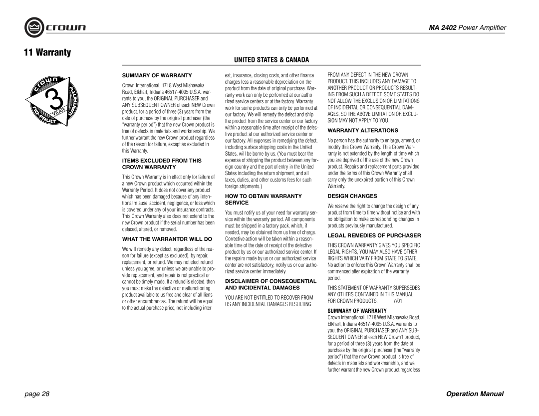 Crown Audio MA-2402 operation manual Warranty, United States & Canada 