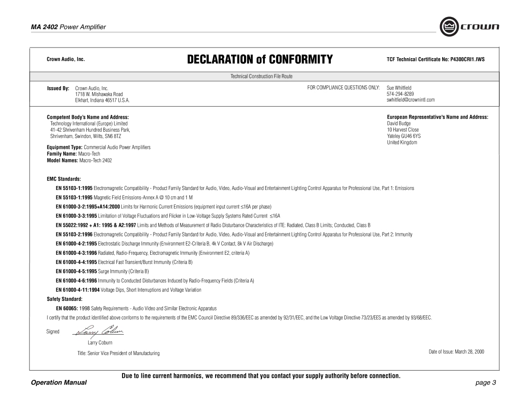 Crown Audio MA-2402 Crown Audio, Inc, TCF Technical Certificate No P4300CRI1.IWS, Competent Body’s Name and Address 