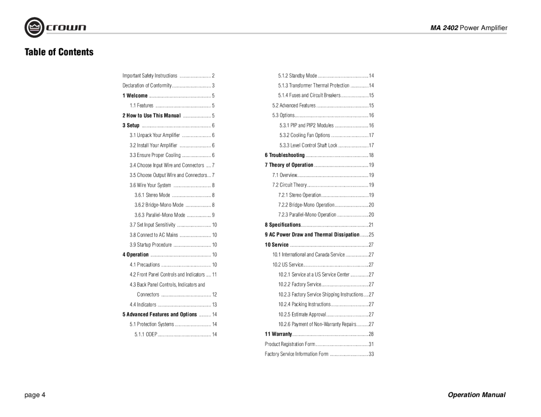 Crown Audio MA-2402 operation manual Table of Contents 