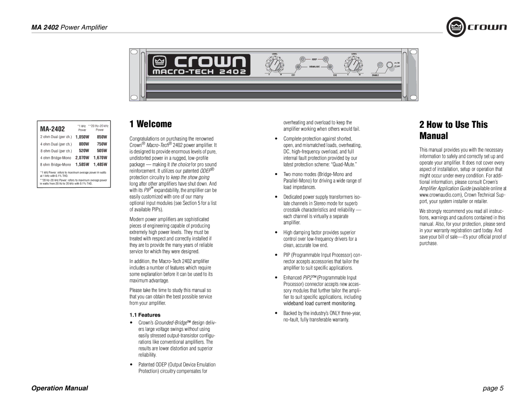 Crown Audio MA-2402 operation manual Welcome, How to Use This Manual, Features 