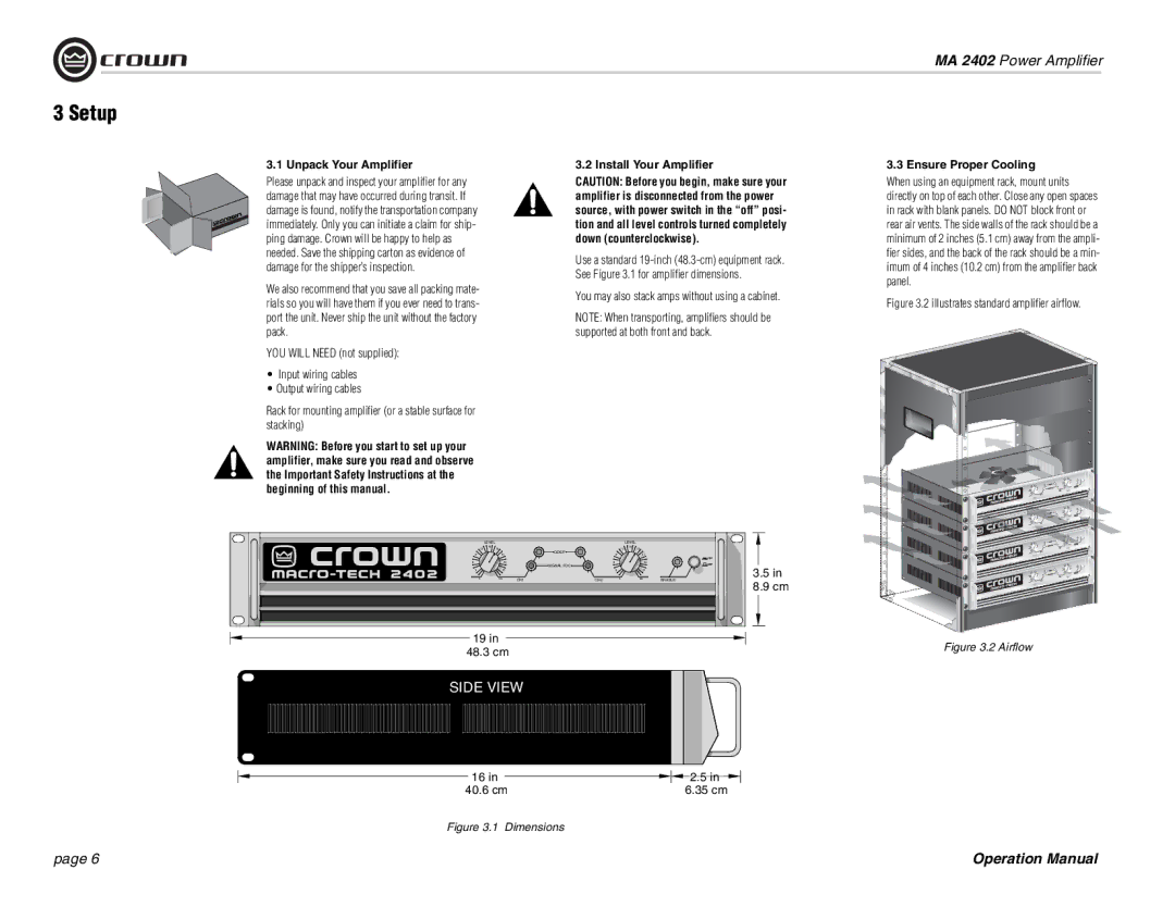 Crown Audio MA-2402 Setup, Unpack Your Amplifier Install Your Amplifier, You may also stack amps without using a cabinet 