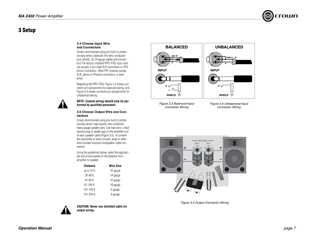 Crown Audio MA-2402 operation manual Choose Input Wire Connectors, Choose Output Wire and Con- nectors 