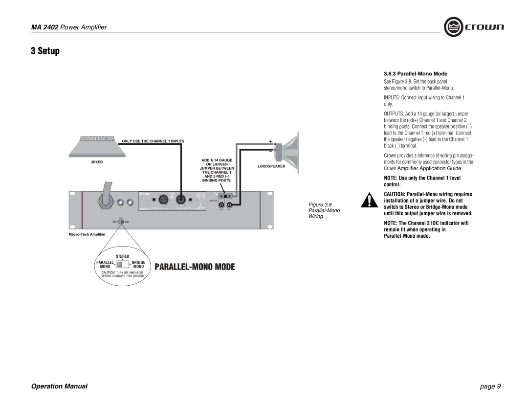 Crown Audio MA-2402 operation manual Parallel-Mono Mode 